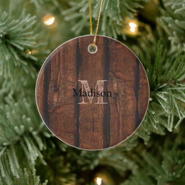Rustic dark brown old wood Monogram Ceramic Ornament (Tree)