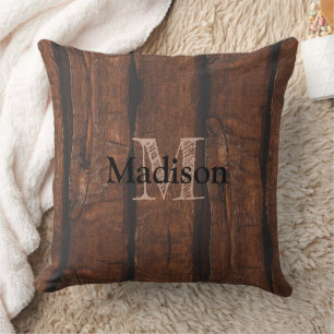 Rustic dark brown old wood Monogram Cushion