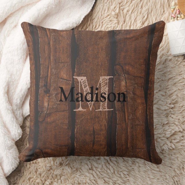 Rustic dark brown old wood Monogram Cushion (Blanket)