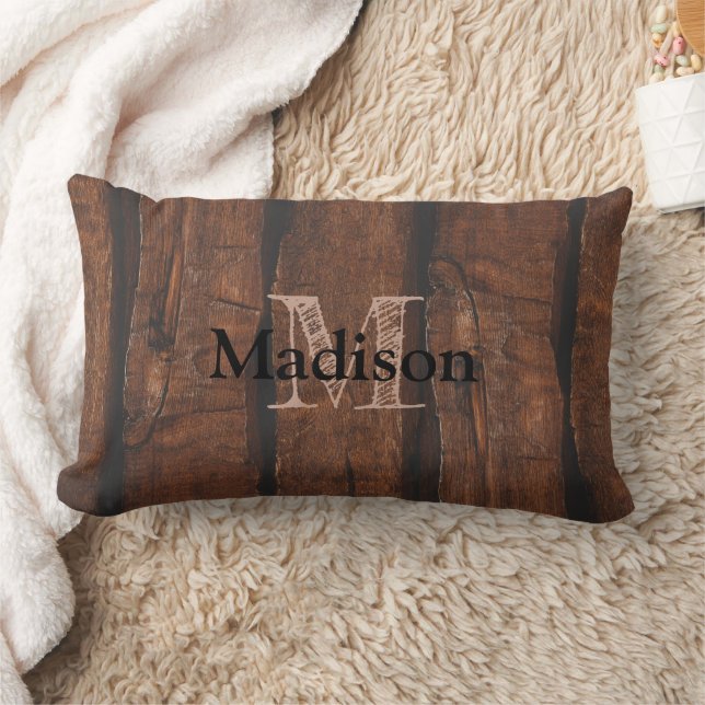 Rustic dark brown old wood Monogram Lumbar Cushion (Blanket)