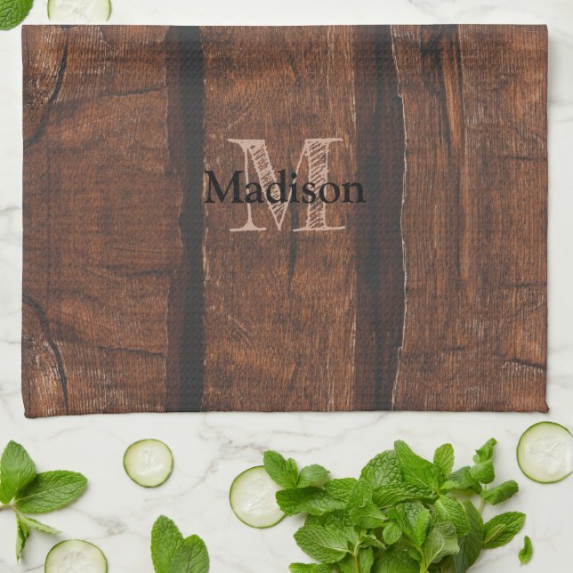 Rustic dark brown old wood Monogram Tea Towel (Folded)