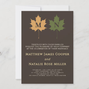 Rustic Dark Brown Olive Green Fall Monogram Invitation