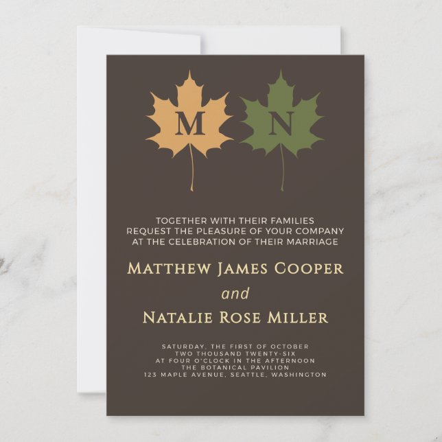 Rustic Dark Brown Olive Green Fall Monogram Invitation (Front)