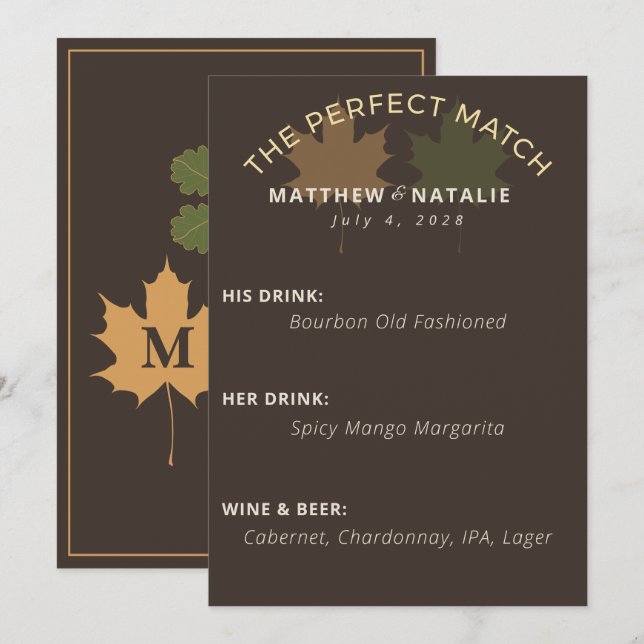 Rustic Dark Brown Olive Green Fall Wedding Bar Menu (Front/Back)