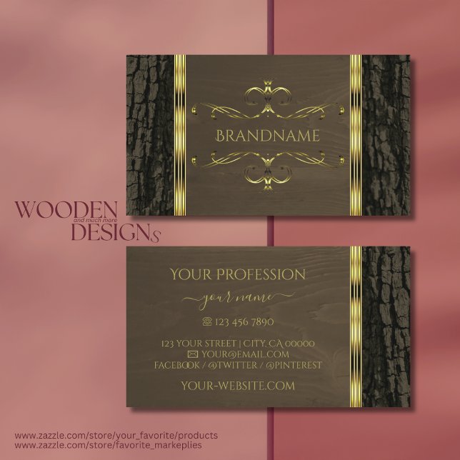 Rustic Dark Brown Tree Bark Wood Grain Gold Border Business Card (Creator Uploaded)
