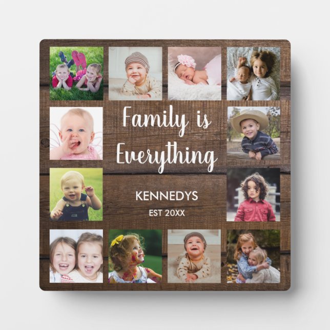 Rustic Dark Brown Wood 12 Photo Collage Family Plaque (Front)