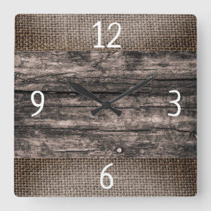 Rustic Dark Brown Wood And Burlap Farmhouse   Square Wall Clock