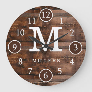 Rustic Dark Brown Wood Family Name Monogram Large Clock
