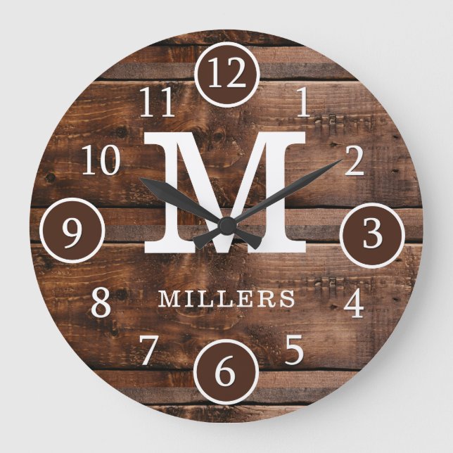 Rustic Dark Brown Wood  Family Name Monogram Large Clock (Front)