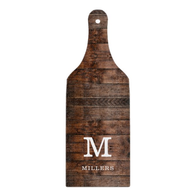 Rustic Dark Brown Wood Family Name Monogrammed Cutting Board (Front)