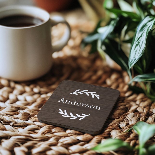 Rustic Dark Brown Wood Laurel Last Name Monogram Coaster (Creator Uploaded)