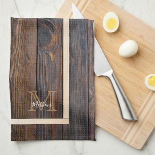 Rustic Dark Brown Wood Monogram Kitchen Towels