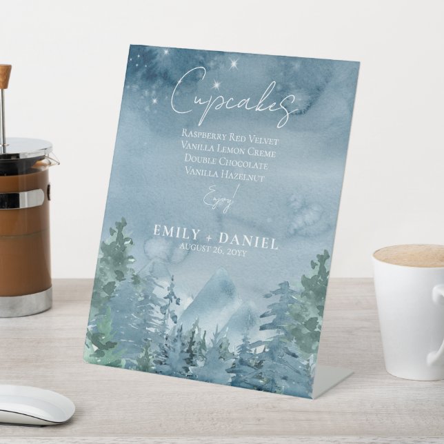 Rustic Dark Dusk Blue Mountains Wedding Cake Pedestal Sign (In SItu)