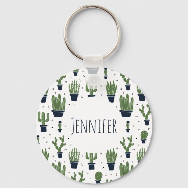 Rustic Dark Green Cactus Desert Pattern Key Ring (Front)