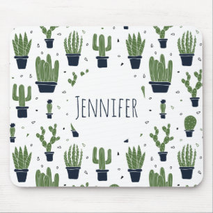 Rustic Dark Green Cactus Desert Pattern Mouse Pad