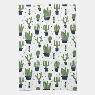 Rustic Dark Green Cactus Desert Pattern Tea Towel