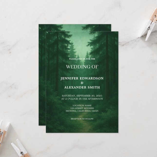 Rustic dark green forest wedding invitation (Front/Back In Situ)