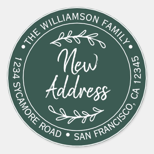 Rustic Dark Green New Address Classic Round Sticker (Front)