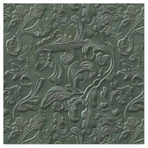 Rustic dark green tooled leather floral fabric