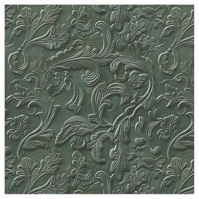 Rustic dark green tooled leather floral fabric (Close Up)