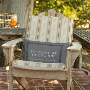 Rustic dark grey welcome porch family name lumbar cushion
