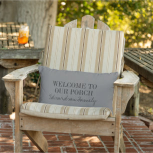 Rustic dark grey welcome porch family name lumbar cushion