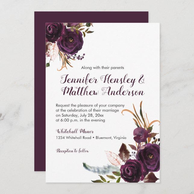 Rustic Dark Purple Floral Boho Fall Wedding Invitation (Front/Back)