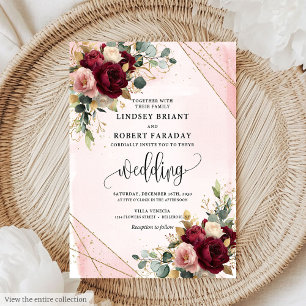 Rustic Dark Red Gold Blush Roses Floral Wedding  Invitation