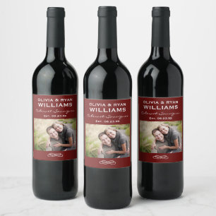 Rustic Dark Red Photo Wedding Wine Label