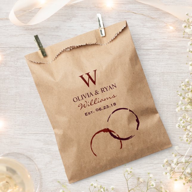 Rustic Dark Red Wine Stain Kraft Monogram Wedding Favour Bag (Clipped)