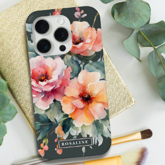 Rustic Dark Sage Green Pink Floral Monogram iPhone 15 Pro Case