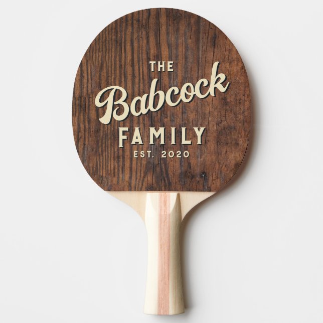 Rustic Dark Walnut Wood Retro Family Name & Year Ping Pong Paddle (Front)