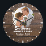 Rustic Dark Wood 5th Wedding Anniversary Photo   Large Clock<br><div class="desc">Mark your 5 anniversary with this timeless rustic dark wood clock,  personalised with your favourite photo. Its weathered wood look adds vintage charm,  perfect for the traditional wood anniversary theme.</div>