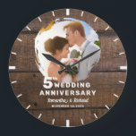 Rustic Dark Wood 5th Wedding Anniversary Photo   Large Clock<br><div class="desc">Mark your 5 anniversary with this timeless rustic dark wood clock,  personalised with your favourite photo. Its weathered wood look adds vintage charm,  perfect for the traditional wood anniversary theme.</div>
