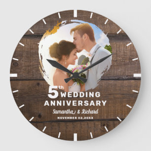 Rustic Dark Wood 5th Wedding Anniversary Photo   Large Clock