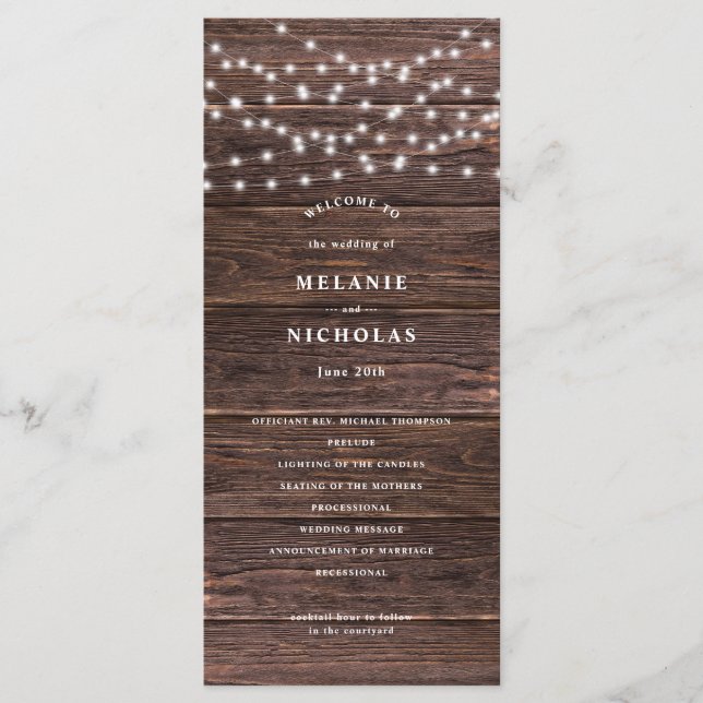 Rustic Dark Wood and String Lights Wedding Program (Front)