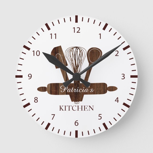Rustic Dark Wood And White Personalized Kitchen   Round Clock (Front)