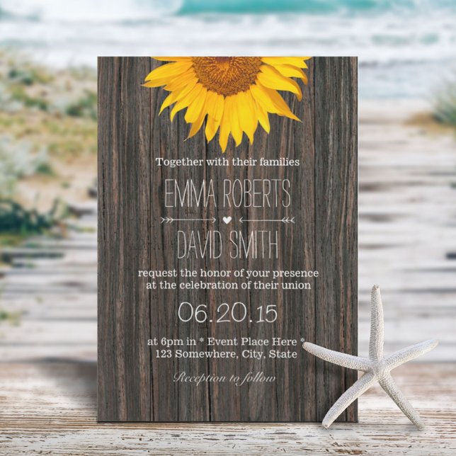 Rustic Dark Wood Background Sunflower Wedding Invitation (Creator Uploaded)