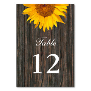 Rustic Dark Wood Background Sunflower Wedding Table Number
