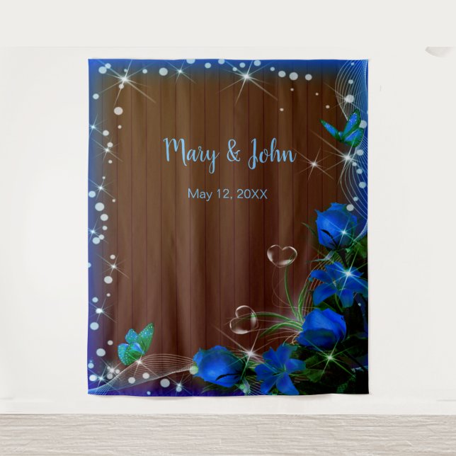 Rustic Dark Wood Blue Floral Wedding Backdrop Tapestry (Front)