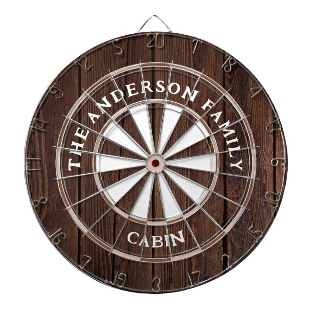 Rustic Dark Wood Boards Family Name Dart Board (Front)