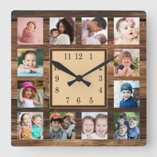 Rustic Dark Wood Family Keepsake 12 Photo Collage Square Wall Clock