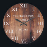 Rustic dark wood family name farmhouse large clock<br><div class="desc">Rustic,  dark barn wood wall clock with large Roman numbers.
You can personalise and add your own name and year established.</div>