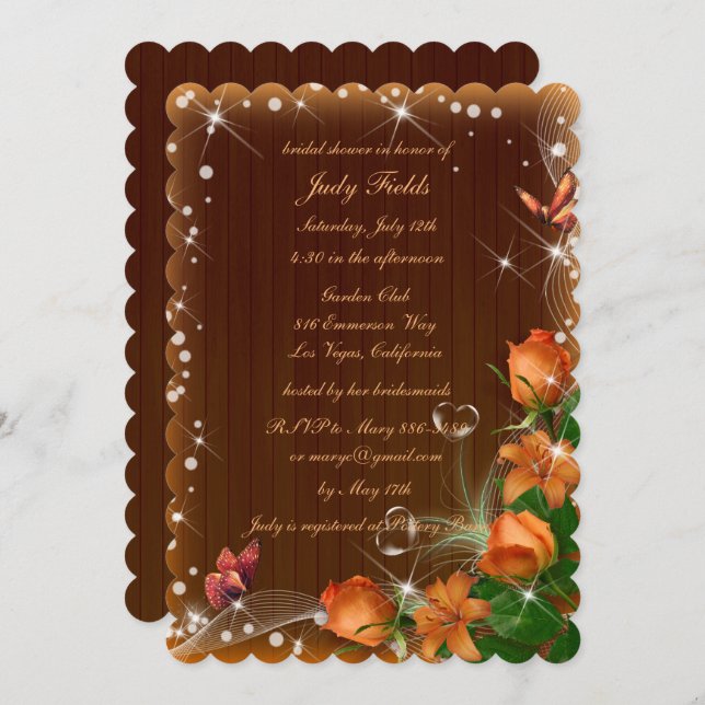 Rustic Dark Wood Floral Butterfly Bridal Shower Invitation (Front/Back)