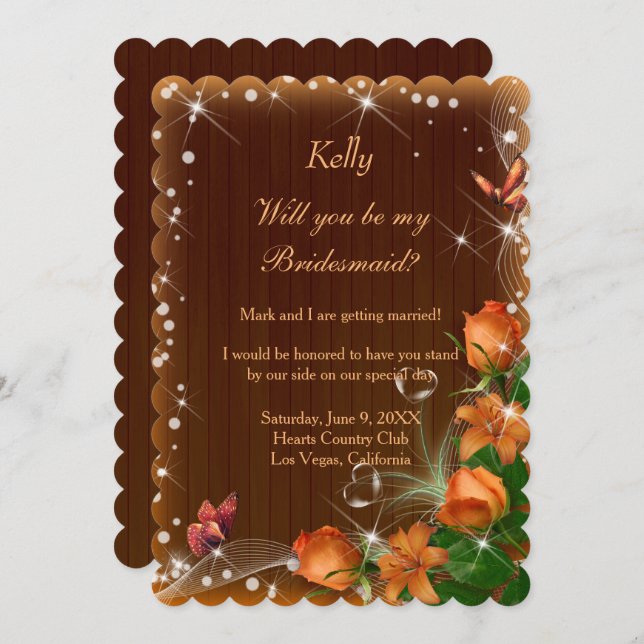 Rustic Dark Wood Floral Butterfly Bridesmaid Invitation (Front/Back)