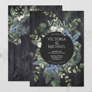 Rustic Dark Wood Floral & Pine Forest Wedding Invitation
