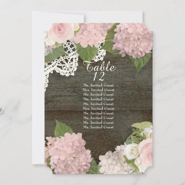 Rustic Dark Wood Lace Rose Hydrangea Table Seating Invitation (Front)