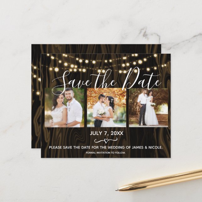 Rustic Dark Wood & Lights Photo Save the Date (Front/Back In Situ)