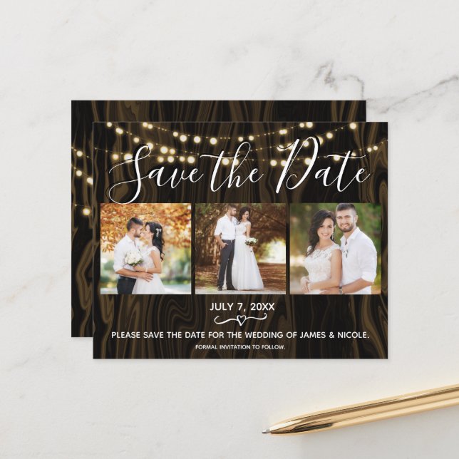 Rustic Dark Wood & Lights Photo Save the Date (Front/Back In Situ)