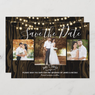 Rustic Dark Wood & Lights Photo Save the Date Invitation